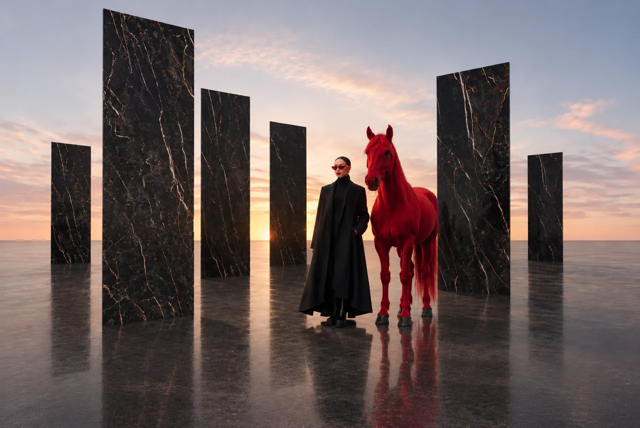 Black ORKAY marble-look vitrified porcelain slabs stood in an open yard, a figure in black beside a red horse