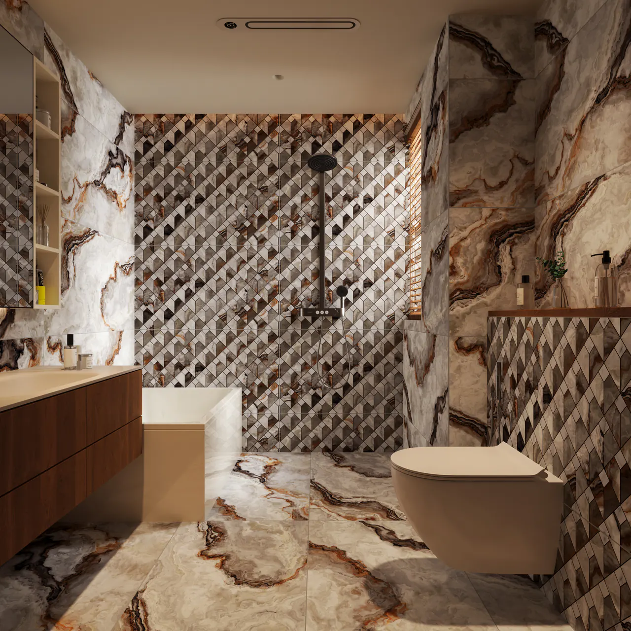 Bathroom in onyx-look vitrified porcelain, with a geometric feature wall behind the shower