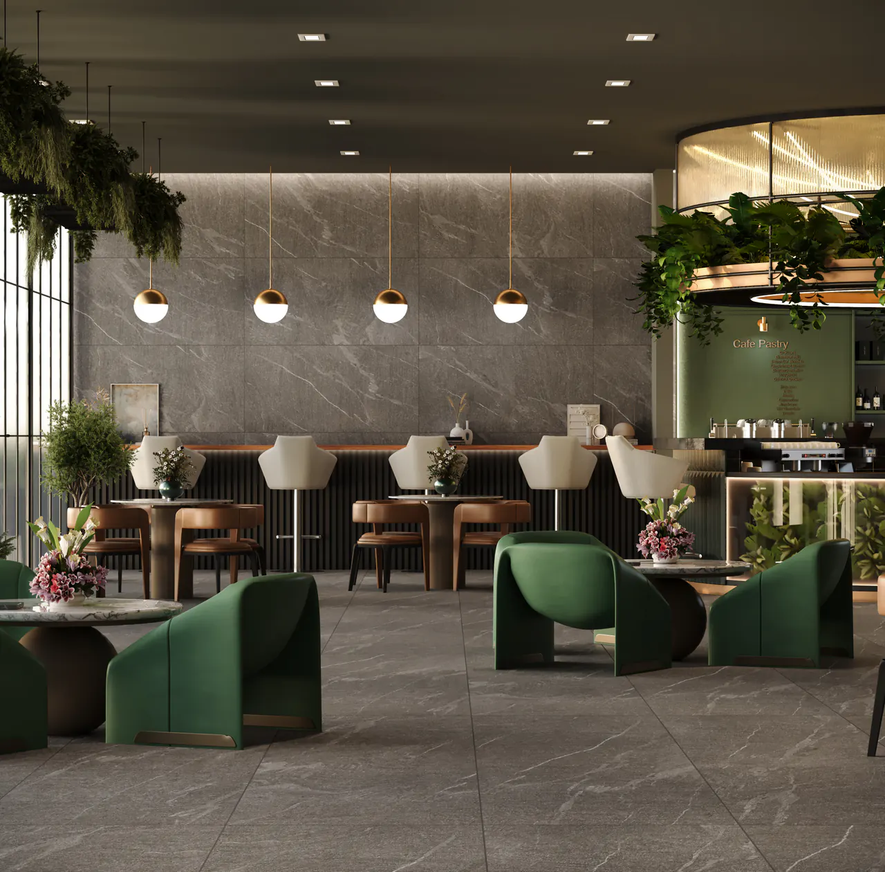 Café and bar floored and walled in Marbo Grey stone-look ORKAY vitrified porcelain