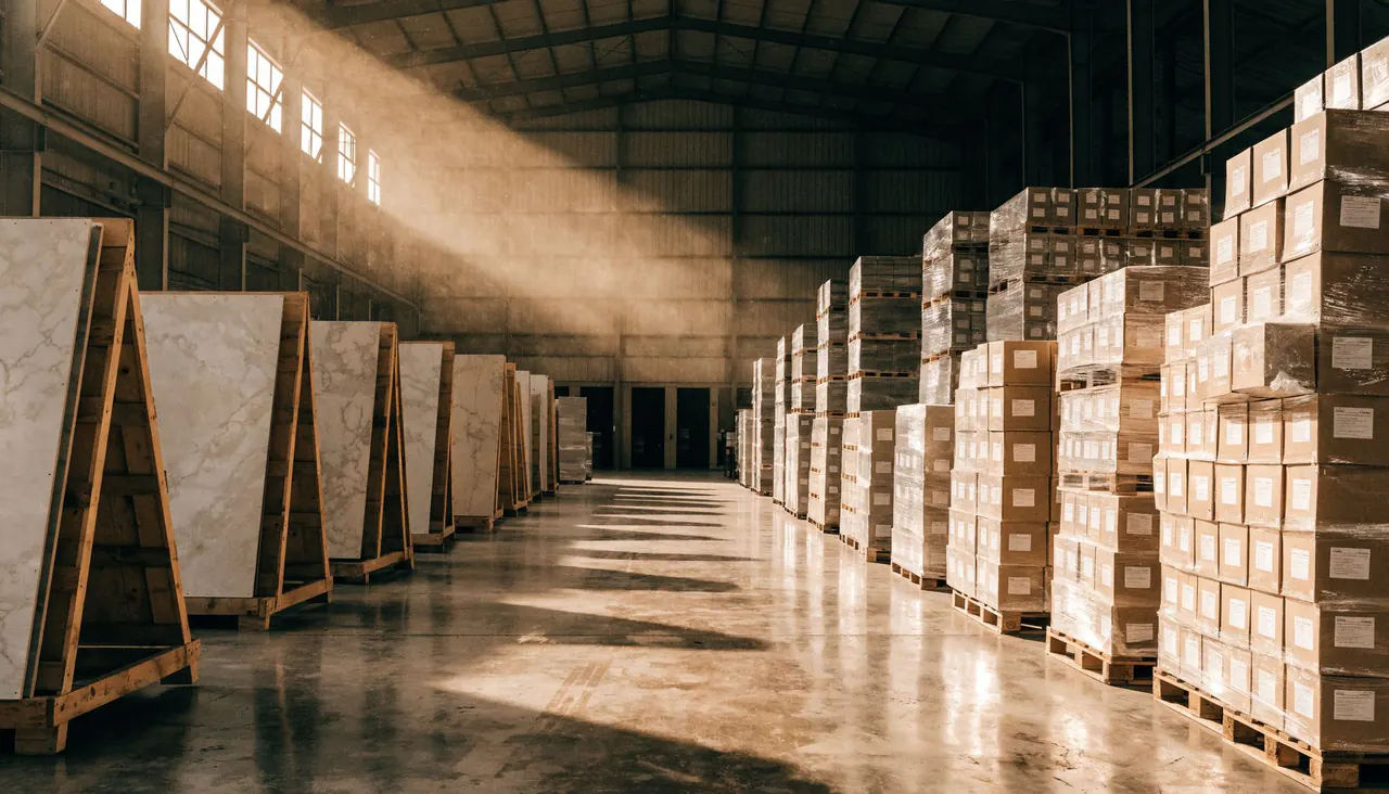 Pallets of ORKAY tile stacked in the loading yard