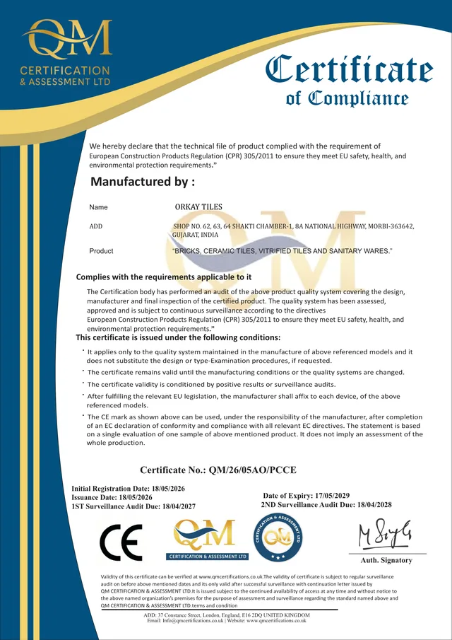 ORKAY Tiles’ CE certificate of compliance, QM/26/05AO/PCCE, from QM Certification & Assessment Ltd