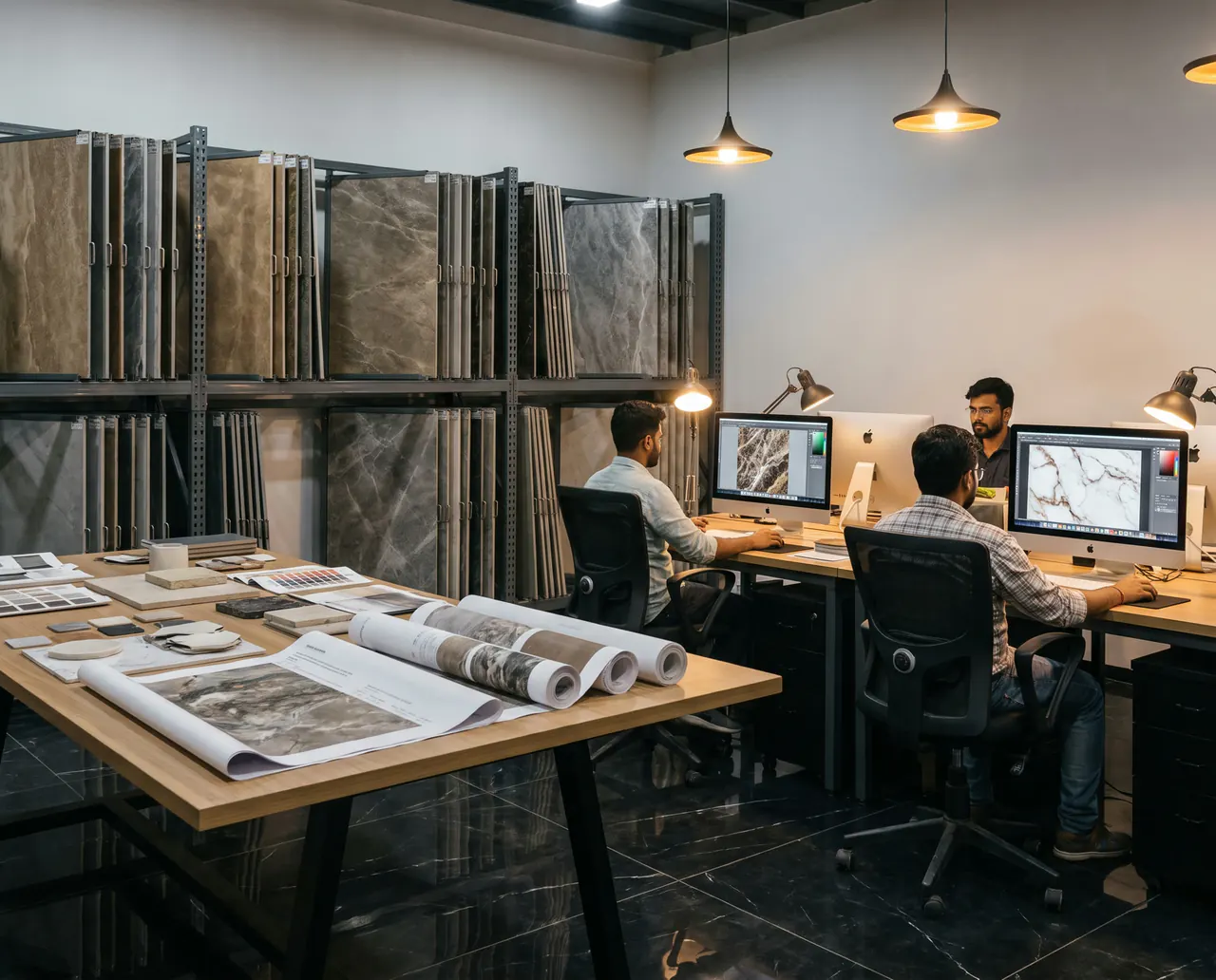 The ORKAY design studio — surface designs on screen, full-size slab samples on racks