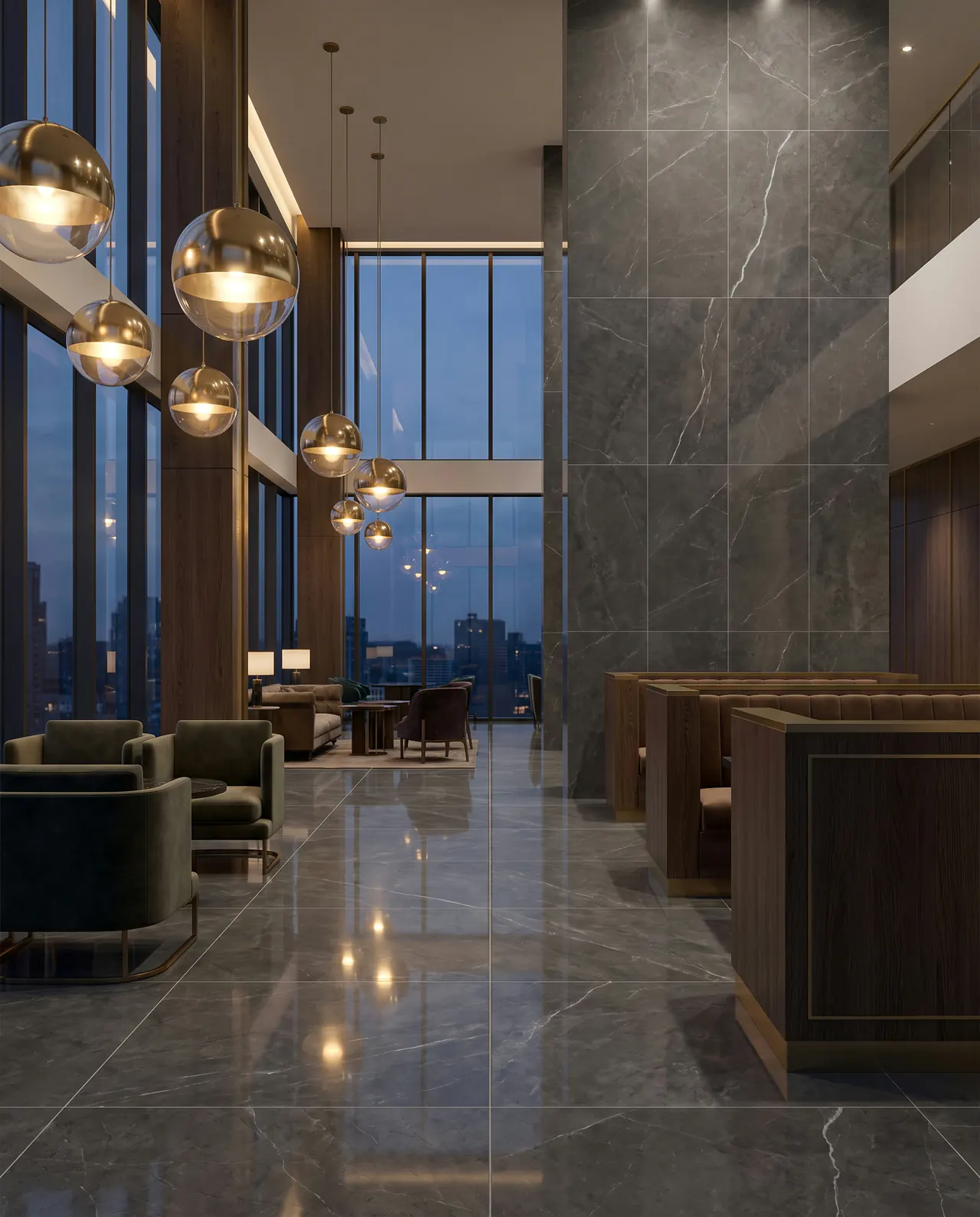 Hotel lobby floored in polished large-format ORKAY vitrified porcelain