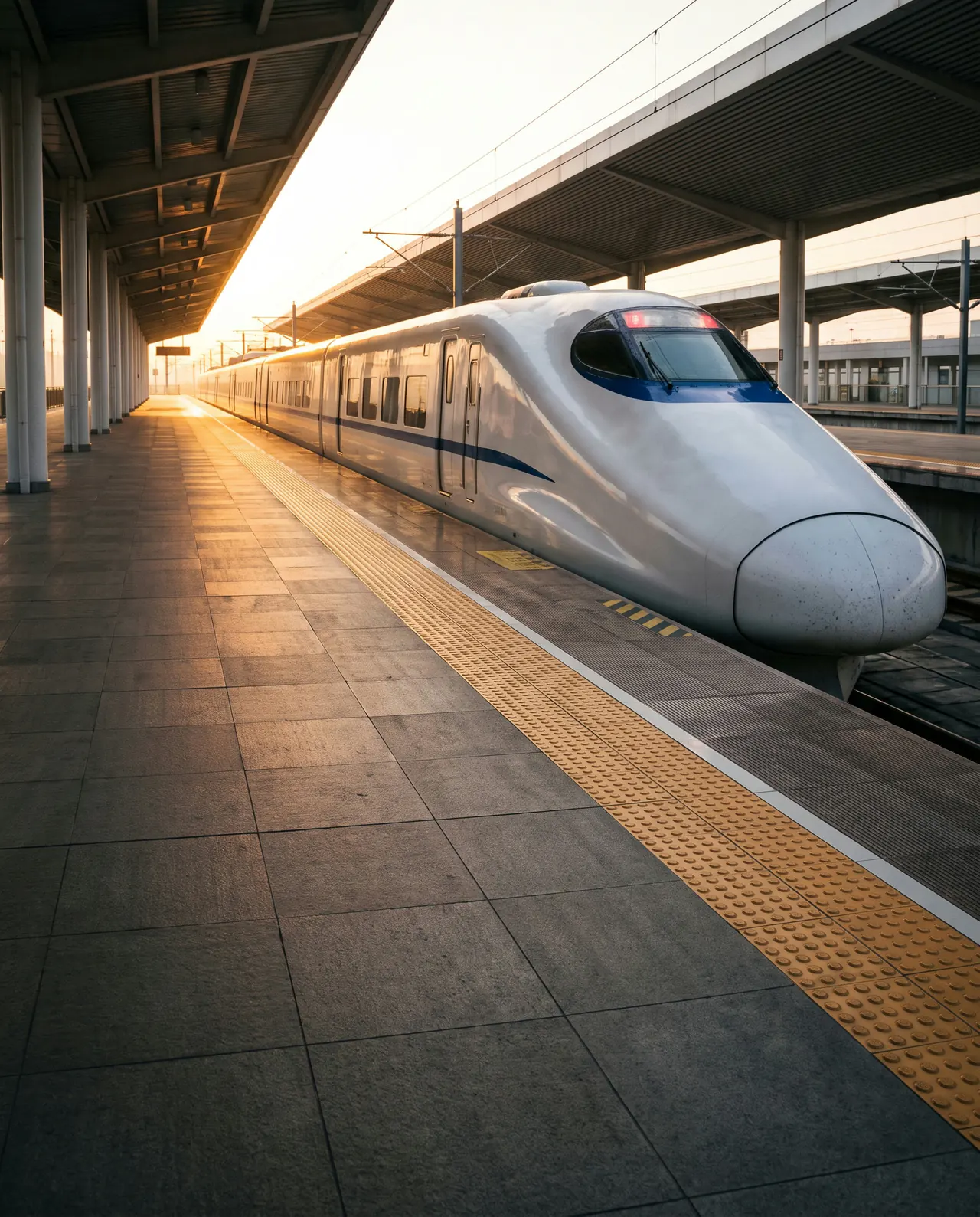 Station platform floored in 600×600 matt anti-skid ORKAY outdoor tiles, a bullet train at the edge at sunrise