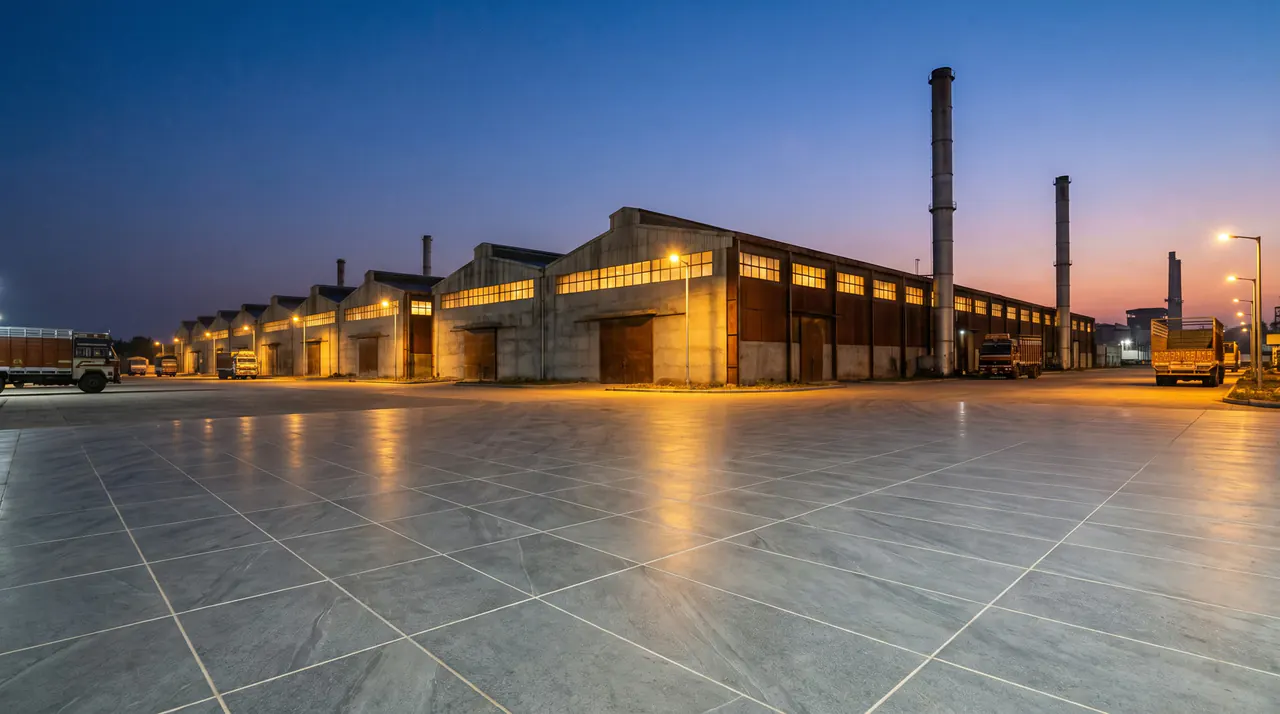 The seven ORKAY production units at dusk, a vitrified-porcelain-paved approach in front