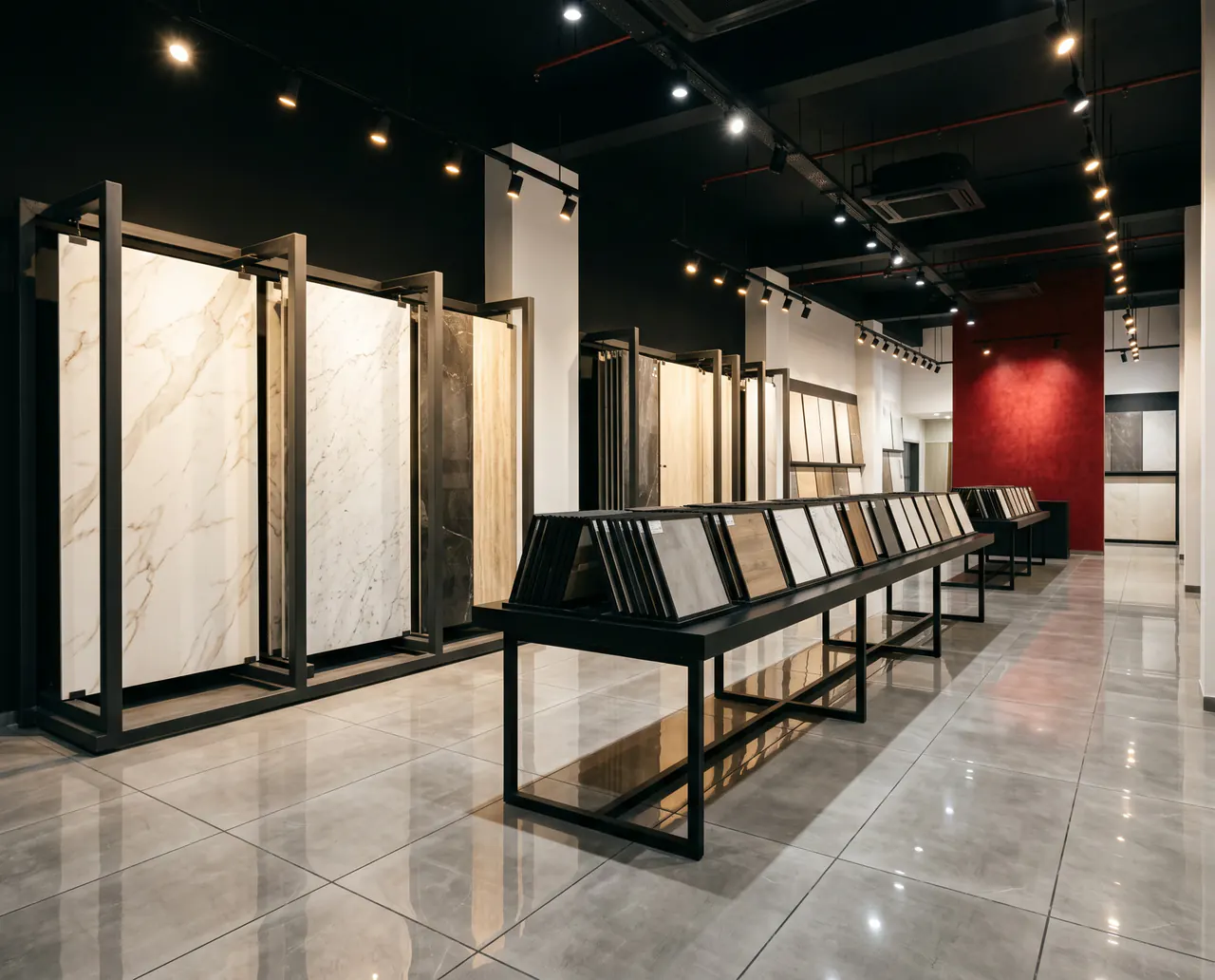 Full-size vitrified porcelain slabs on racks in the ORKAY campus showroom