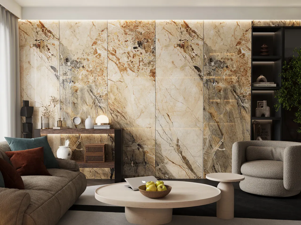 Living room feature wall book-matched in ORKAY Blue Breccia porcelain