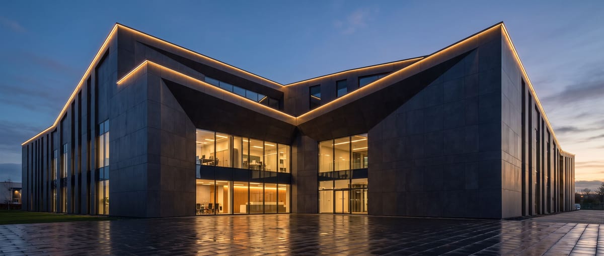 Stone-clad building with warm architectural lighting at dusk