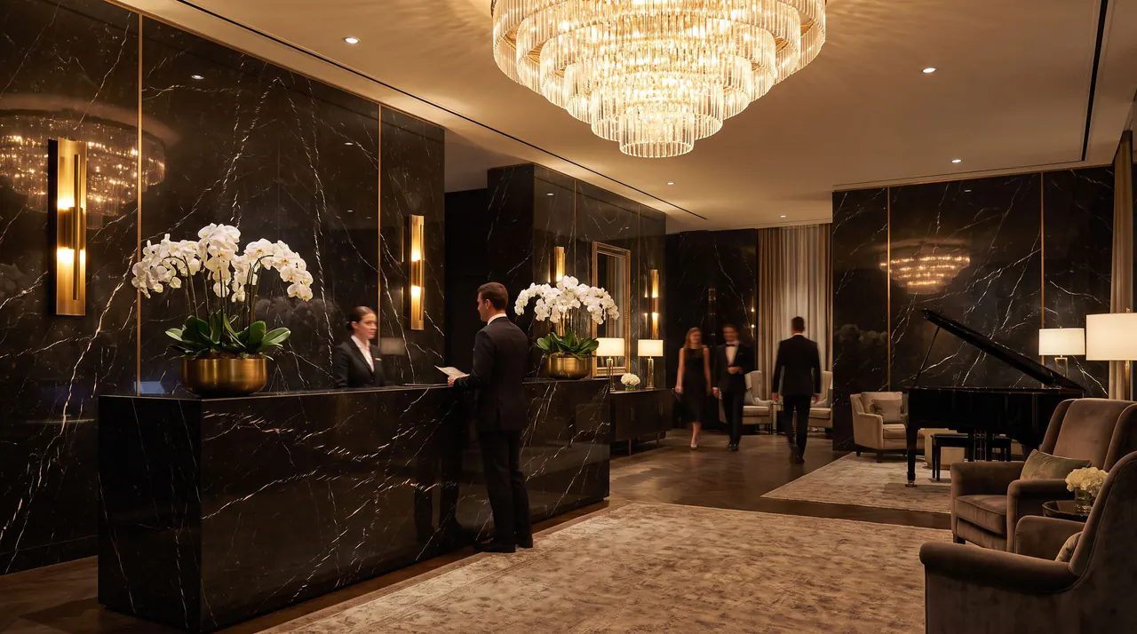 Hotel reception clad in dark marble-look vitrified porcelain under a chandelier