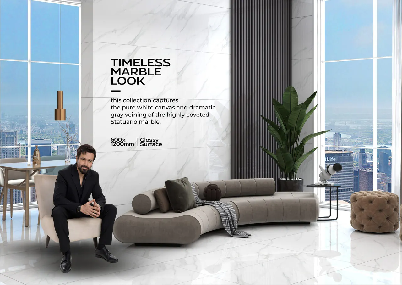 Living room walled and floored in glossy 600×1200 statuario marble-look ORKAY porcelain