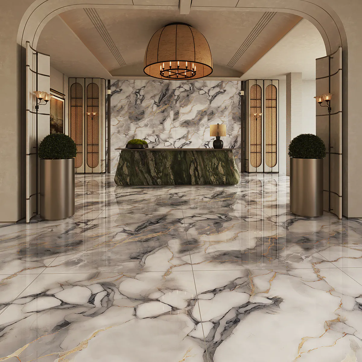 Hotel lobby floored and walled in polished Sabia White marble-look ORKAY porcelain slabs