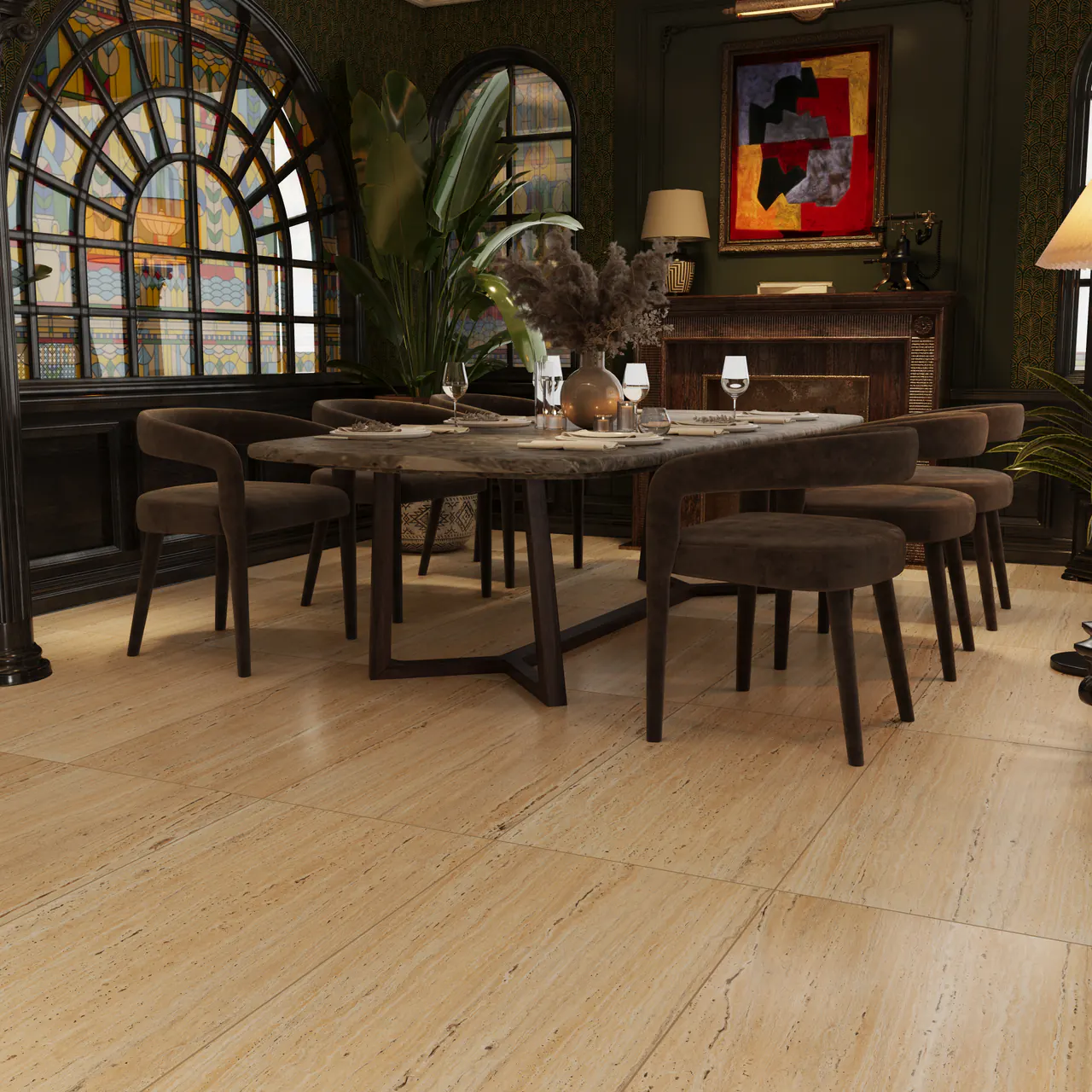Private dining room floored in Siena Traviz Ivory travertine-look ORKAY vitrified porcelain slabs, candlelit