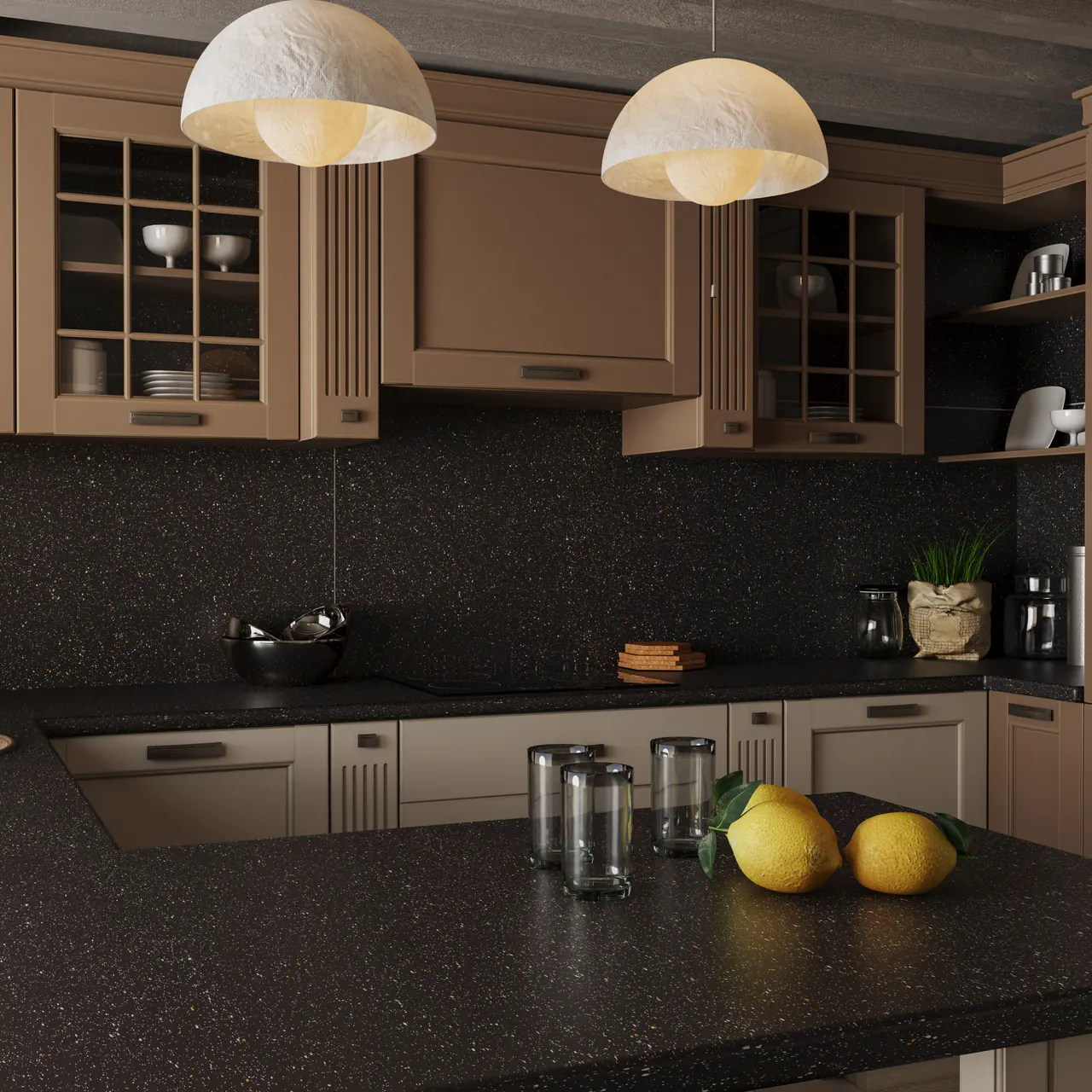 Kitchen with a Speckle Black vitrified porcelain counter top and splashback under taupe cabinets