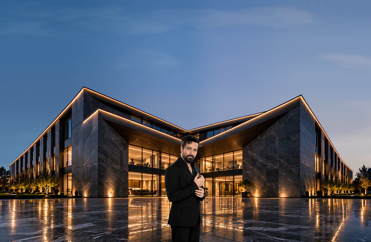 The ORKAY brand ambassador outside a stone-clad building at dusk