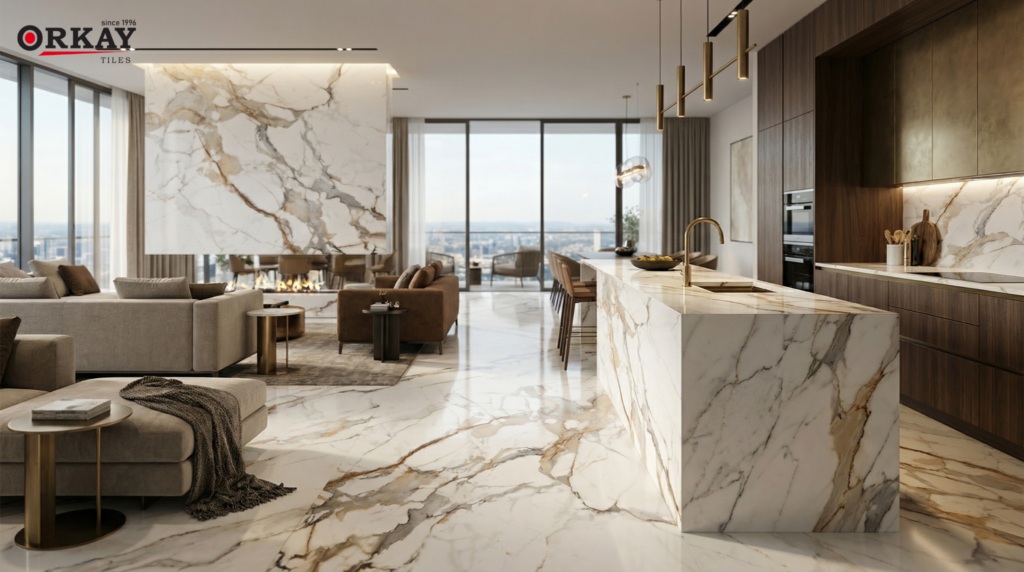 1200×2400 mm porcelain slabs in large commercial interior design
