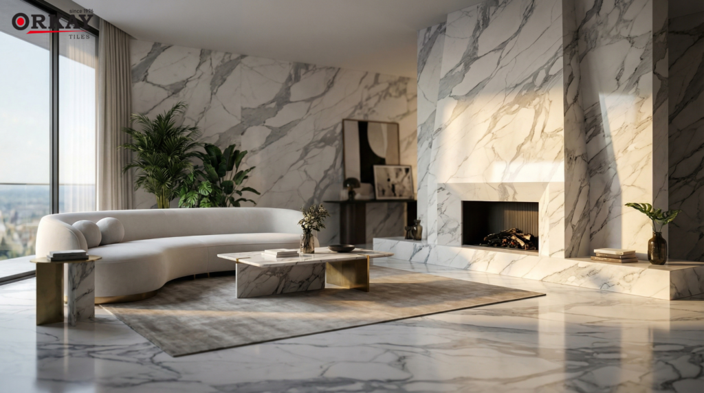 Large-format porcelain slabs for seamless commercial wall cladding
