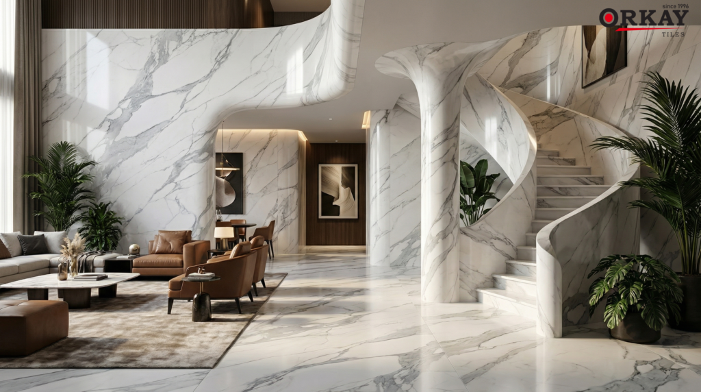 Groutless commercial flooring using 1200×2400 mm porcelain slabs
